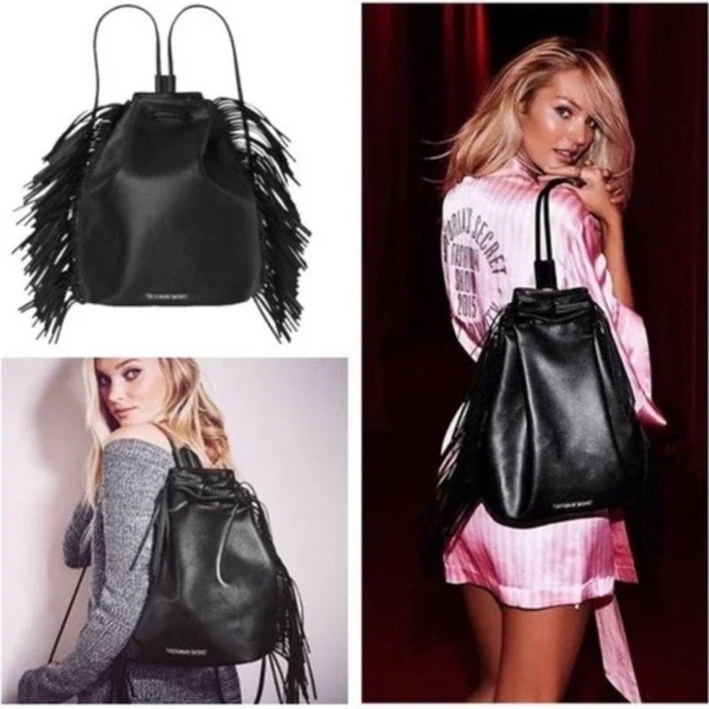Victoria Secret Black Faux Leather Fringe Backpack Official Fashion Show Bag